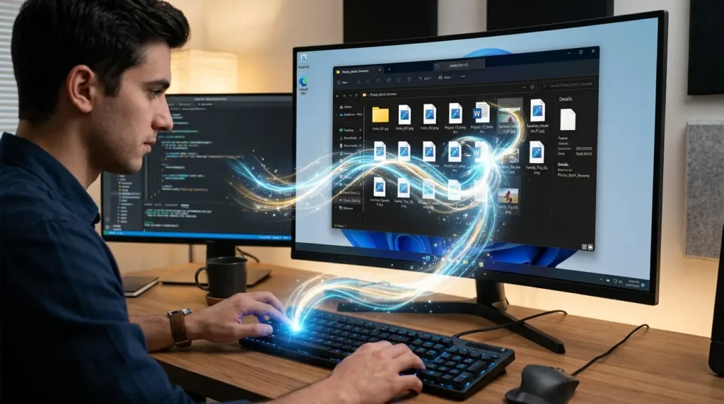 Windows 11のPowerShellでファイル名と拡張子を一括変換するスクリプトを実行している画面