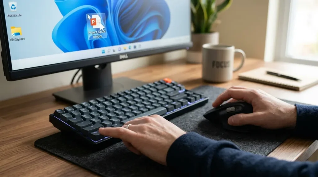 Windows 11のノートPC画面に映し出されたPowerPointプレゼンテーション