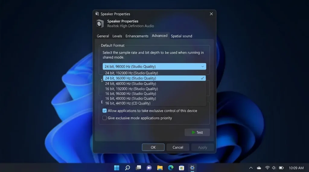 Windowsのサウンド設定でサンプルレートを24bit 96000Hzに設定している画面