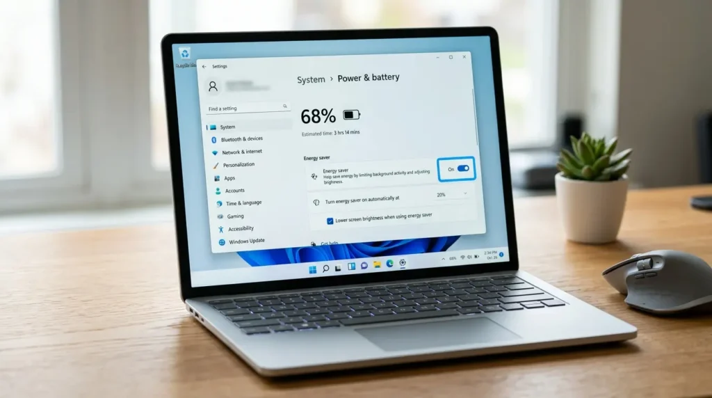 Windows 11のバッテリー節約機能を有効化している設定画面