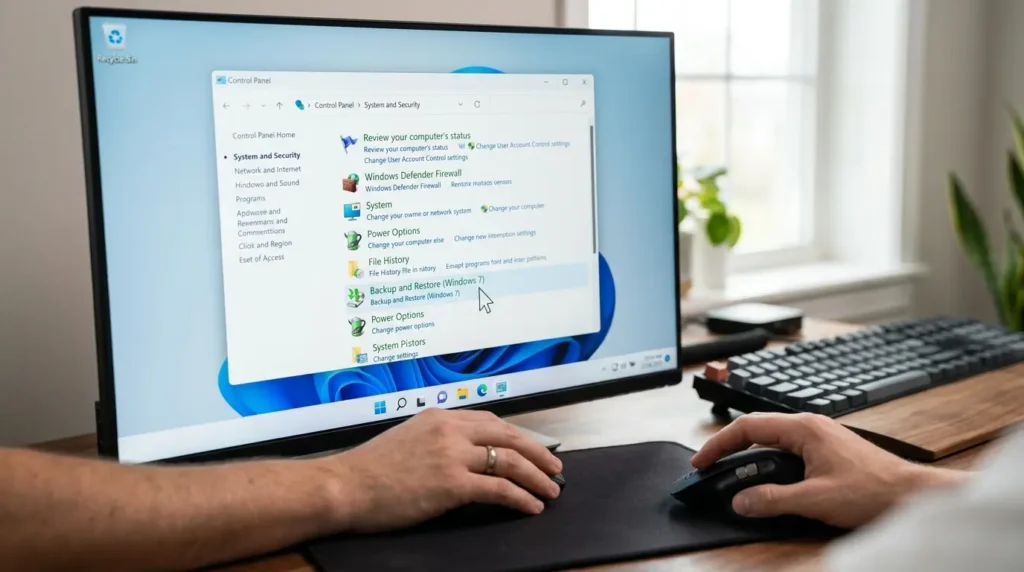 Windows 11のコントロールパネルからバックアップと復元を開く操作画面