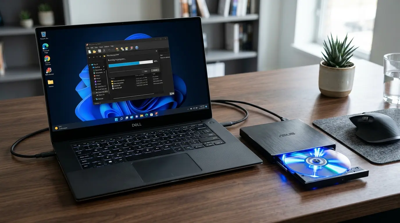 Windows 11のパソコンと外付けDVDドライブでディスク書き込みエラーを解決している様子