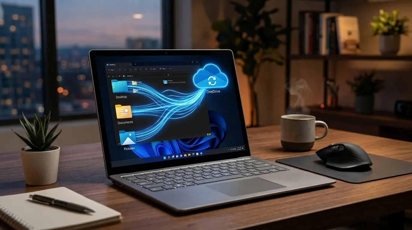 Windows 11のパソコン画面からOneDriveクラウドへフォルダーデータが同期バックアップされている様子