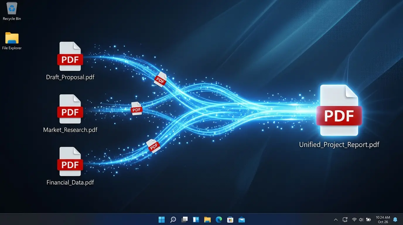 Windows 11で複数のPDFファイルアイコンが光のラインに沿って1つに結合される様子