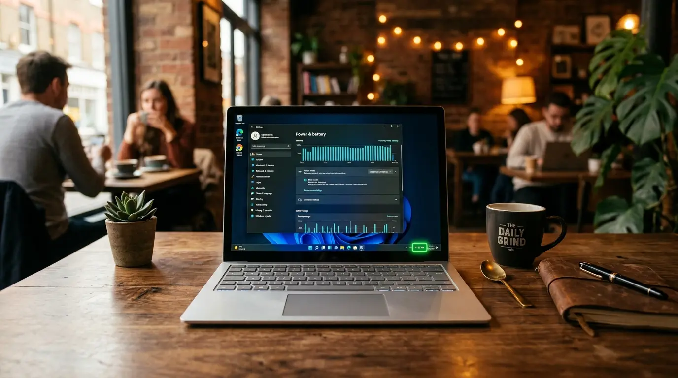 Windows 11のノートパソコン画面に表示された電源とバッテリーの省電力設定画面