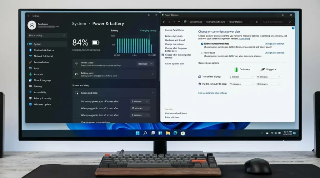 Windows 11の設定アプリとコントロールパネルの電源設定画面の比較