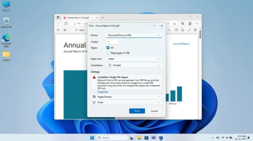 Windows 11のMicrosoft Print to PDF印刷設定画面