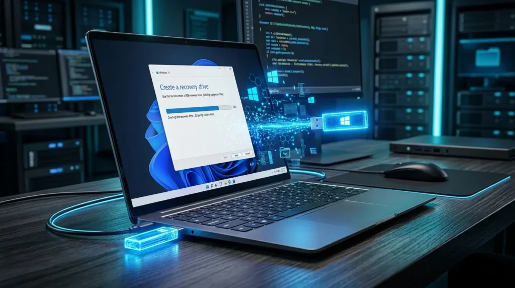 Windows 11で回復ドライブを作成しているUSBメモリとPC画面