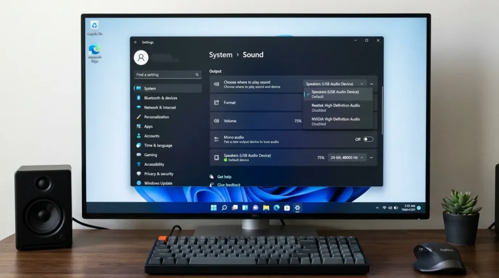 Windows 11のサウンド設定で出力デバイスを選択している画面