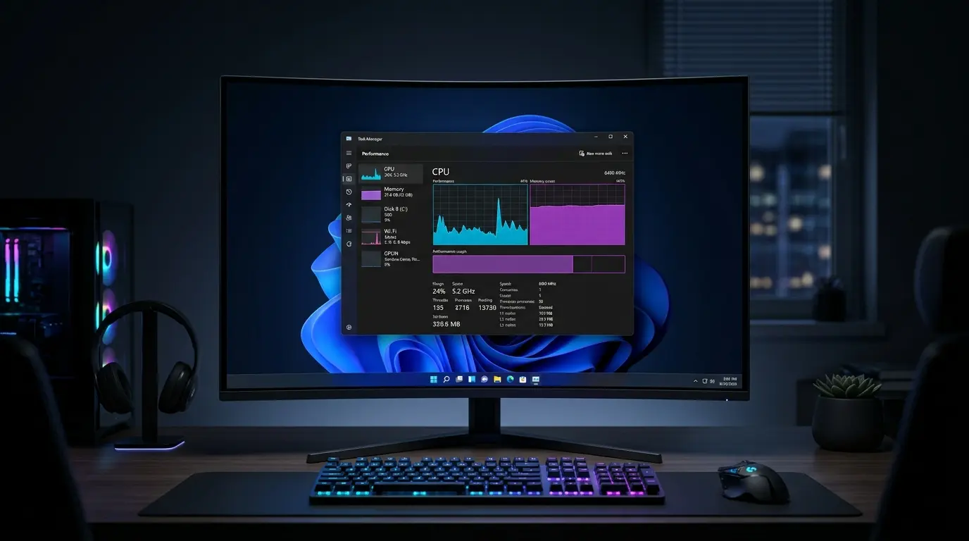 Windows 11のタスクマネージャー画面でCPUとメモリのパフォーマンスグラフが表示されているPC画面