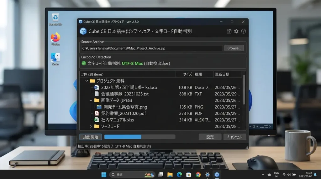 CubeICEを使ってMac作成ZIPの文字化けを自動防止して解凍している様子