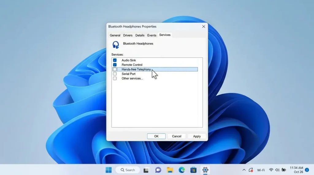 Bluetoothイヤホンのプロパティでハンズフリー電話サービスを無効化している画面
