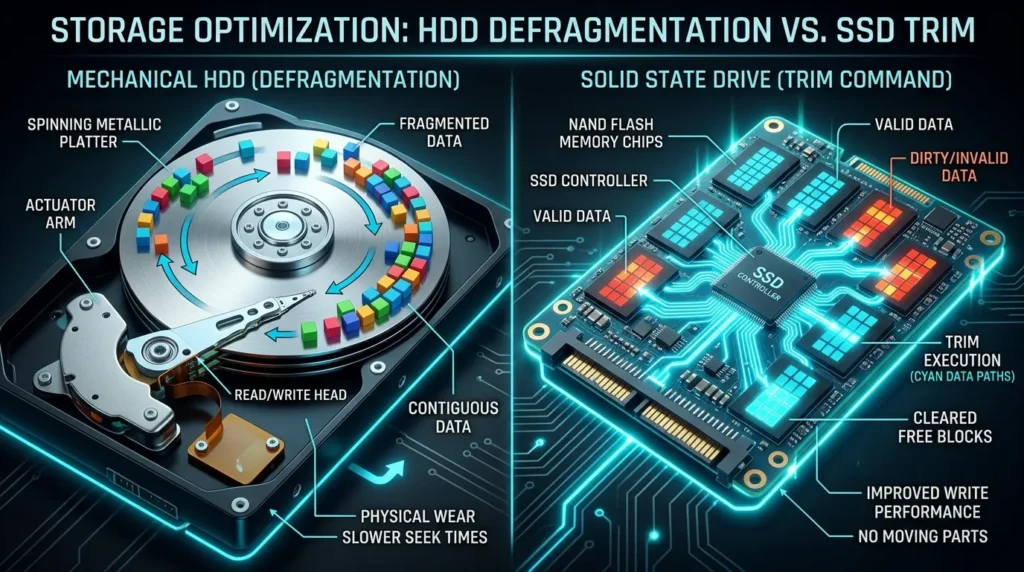 HDDの断片化解消とSSDのTRIMコマンドの違いを比較した解説図