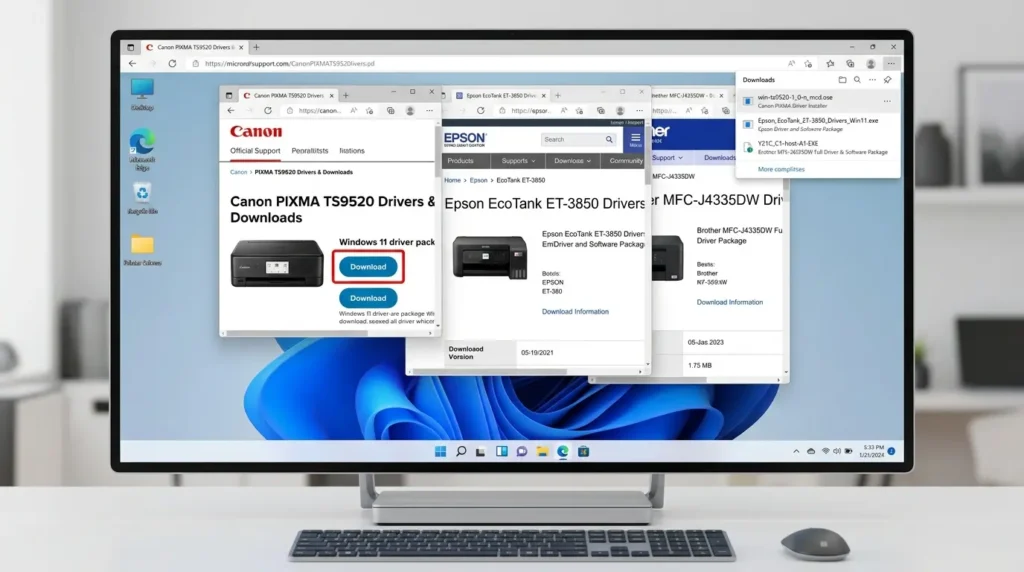 Canon、エプソン、ブラザーの公式サイトから最新プリンタードライバーを導入している画面