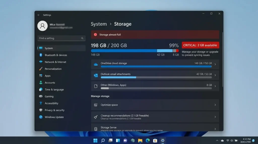 MicrosoftストレージのOneDriveとメール添付ファイルの使用容量グラフ