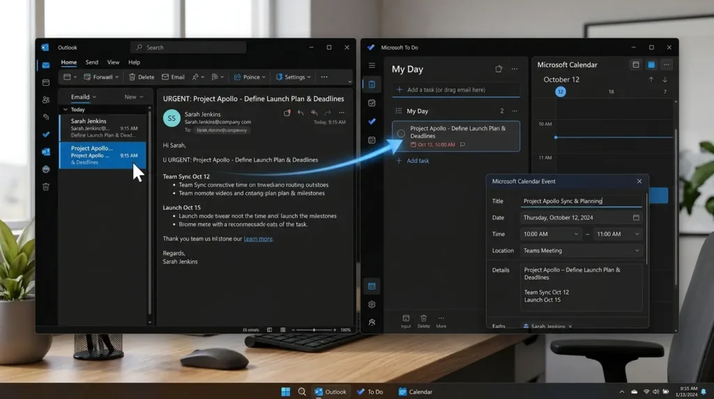 受信メールをMicrosoft To Doのタスクやカレンダー予定へ連携させている操作画面