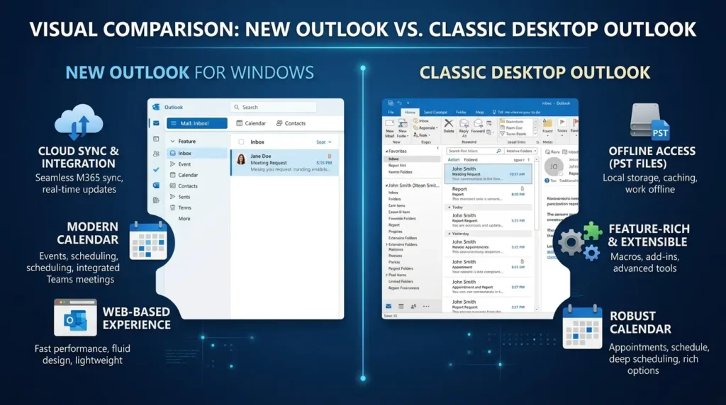 Windows 11の新しいOutlookと従来のクラシック版Outlookの違いを比較した図解