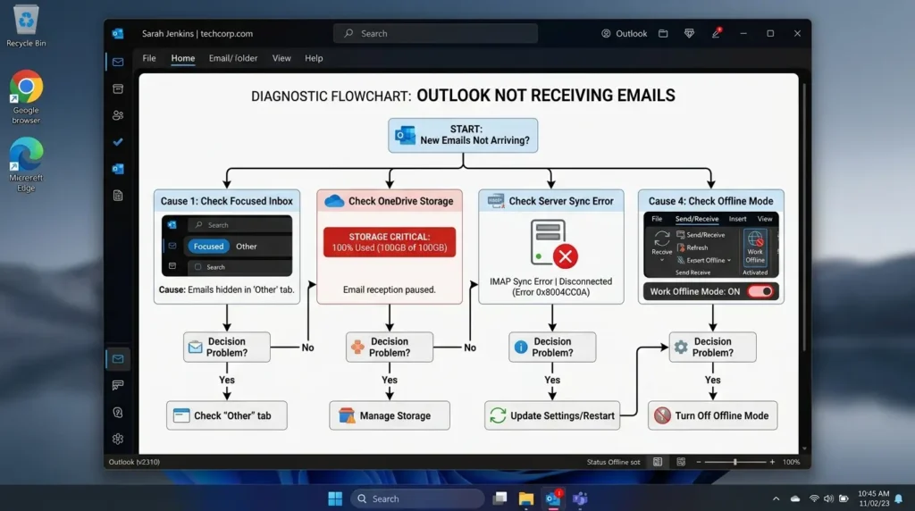 Windows 11のOutlookでメールが届かない4つの主な原因を示した診断図