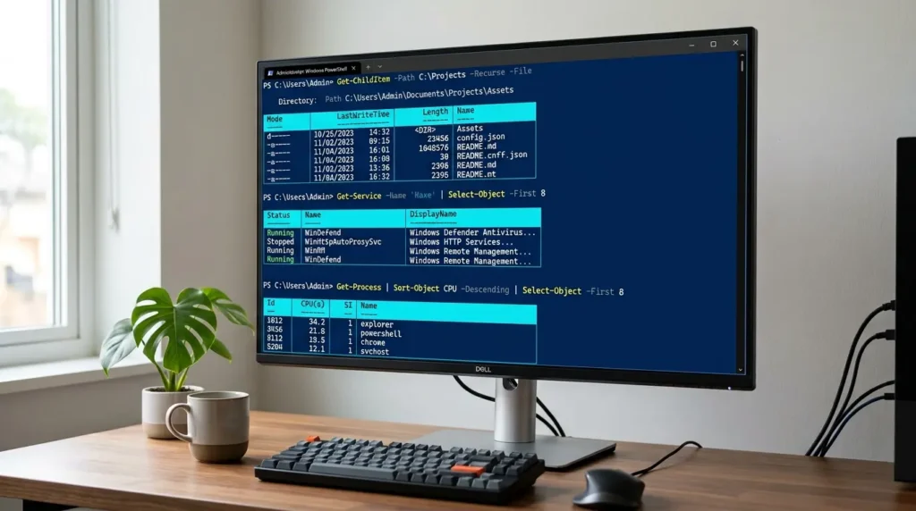 PowerShellでGet-ChildItemやGet-Processを実行して表形式で結果を表示している様子