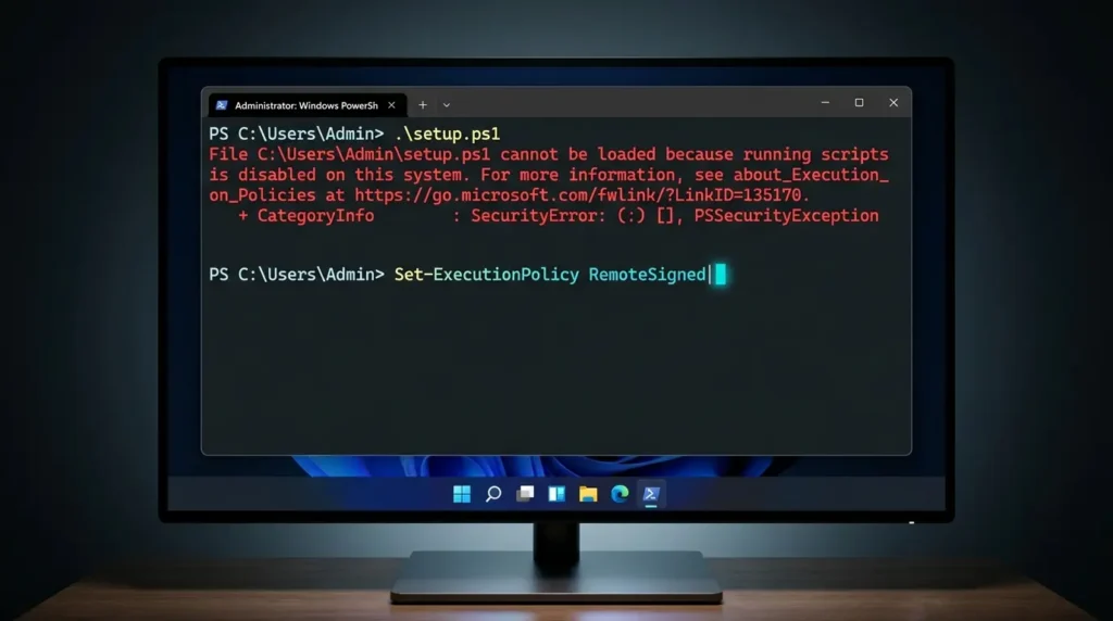PowerShellのスクリプト実行ポリシーエラーをRemoteSignedで解除している画面