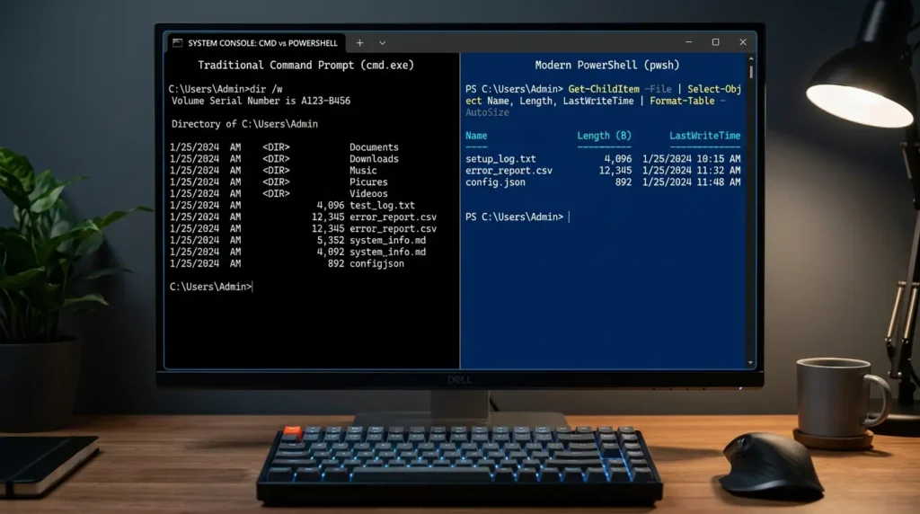 コマンドプロンプトのテキスト出力とPowerShellのオブジェクト出力を比較した図
