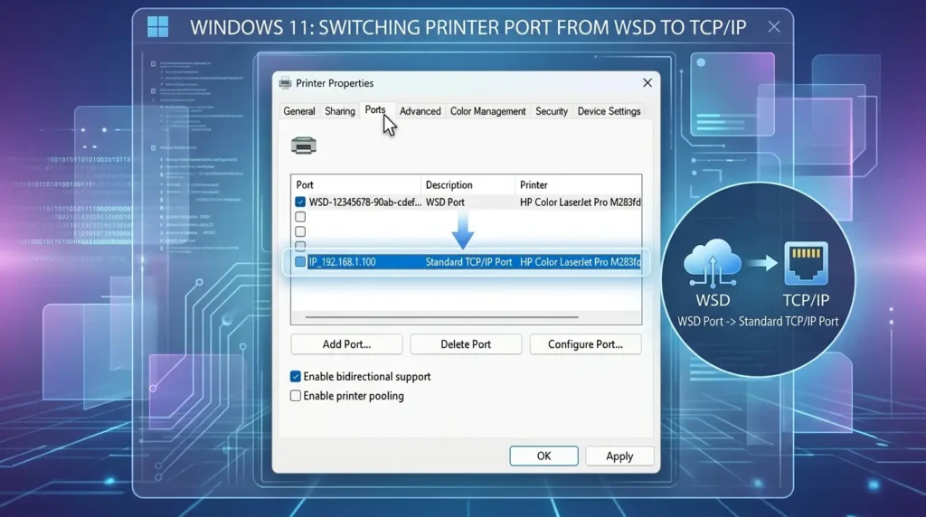 プリンターのプロパティ画面でWSDポートから標準TCP/IPポートへ切り替えている様子