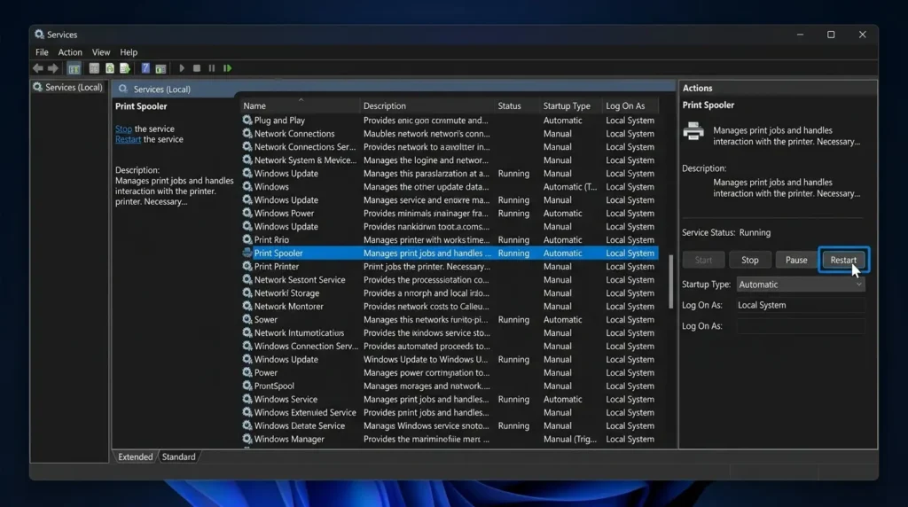 Windows 11のサービス管理画面でPrint Spoolerを再起動している画面