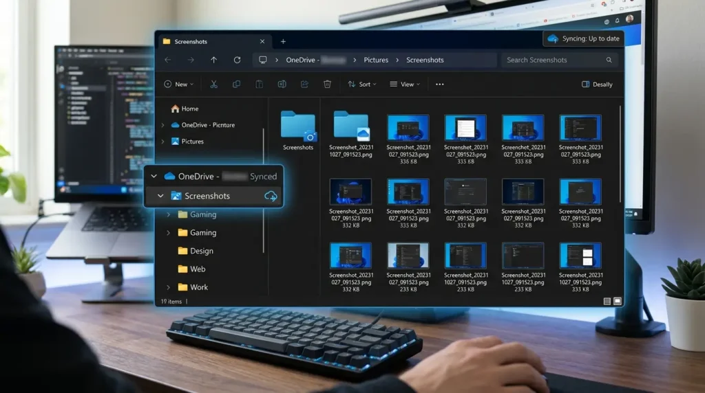 スクリーンショットフォルダーがOneDriveクラウドストレージと同期している図解