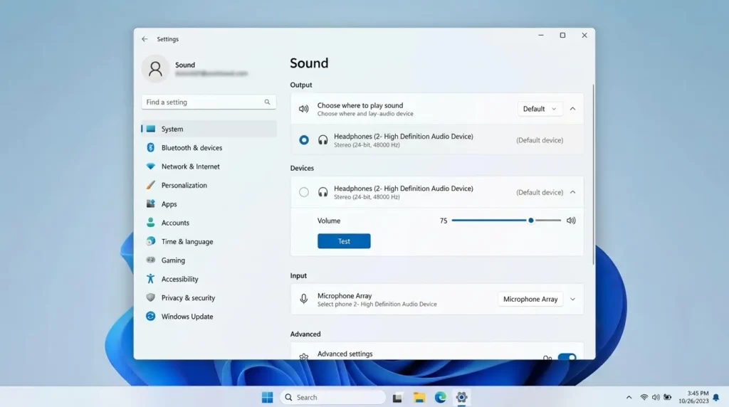 Windows 11のサウンド設定で出力先をBluetoothイヤホンに変更している画面