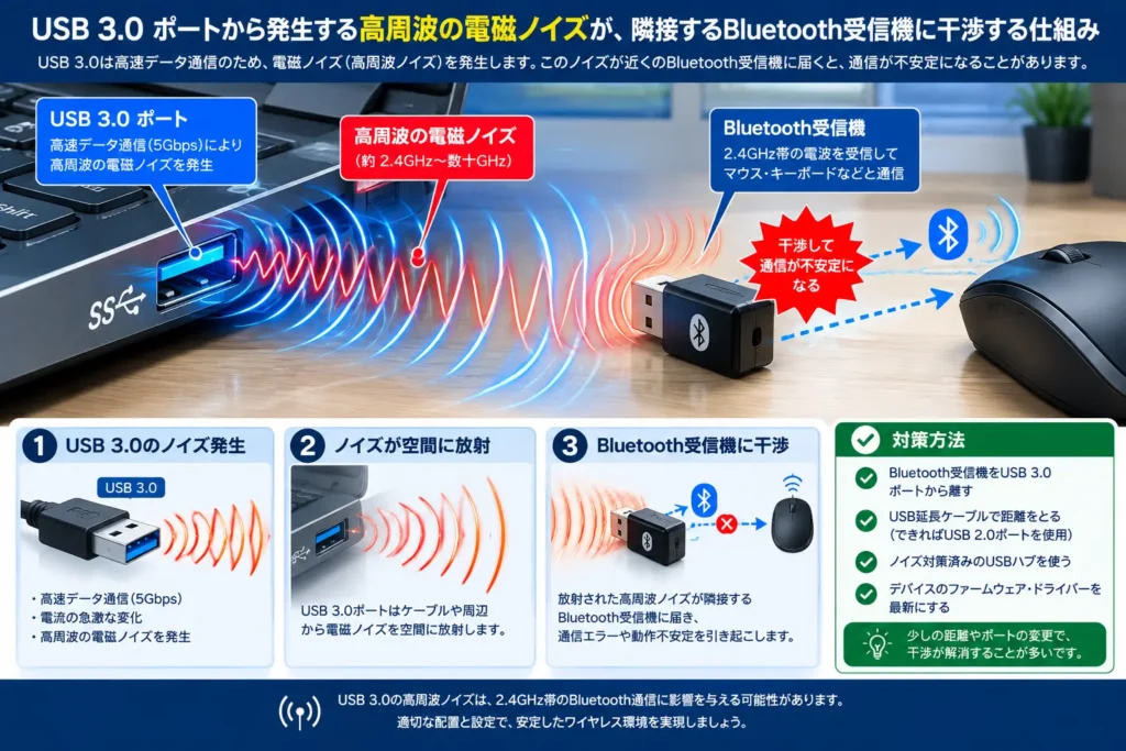 USB 3.0端子からのノイズ放射がBluetooth通信に干渉する構造の解説図
