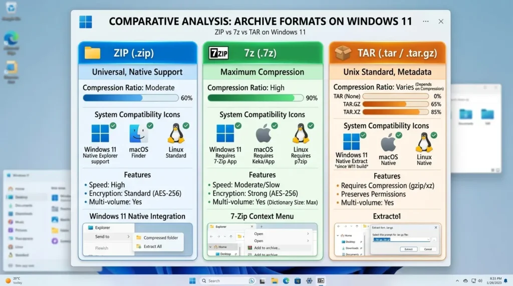 Windows 11で標準対応したZIP、7z、TARの各圧縮形式の比較図