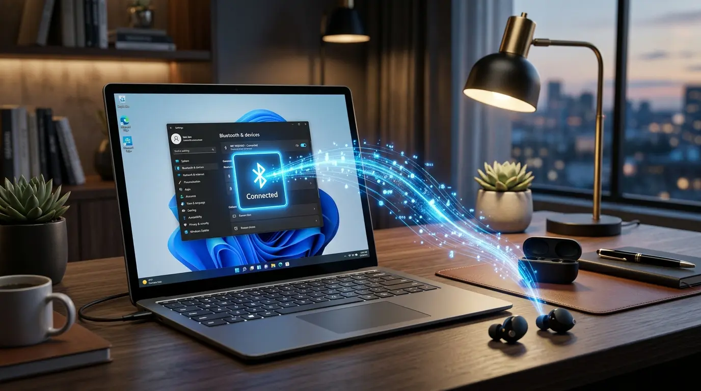 Windows 11のパソコンにBluetoothイヤホンがワイヤレス接続されている様子