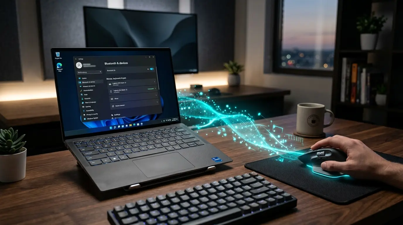 Windows 11のパソコンとBluetoothマウスがワイヤレス接続されている様子
