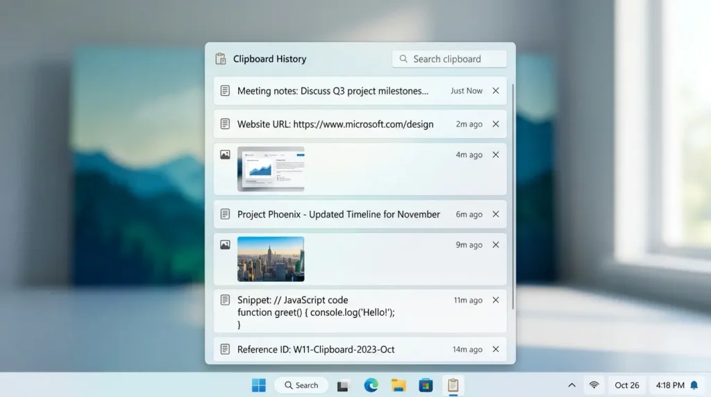 Windows 11のクリップボード履歴画面を開いて過去のデータを貼り付けている様子