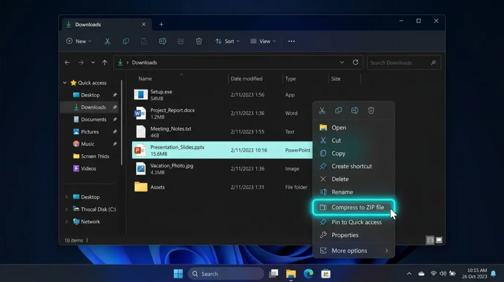 Windows 11のエクスプローラーで右クリックからZIPファイルに圧縮するを選択している画面