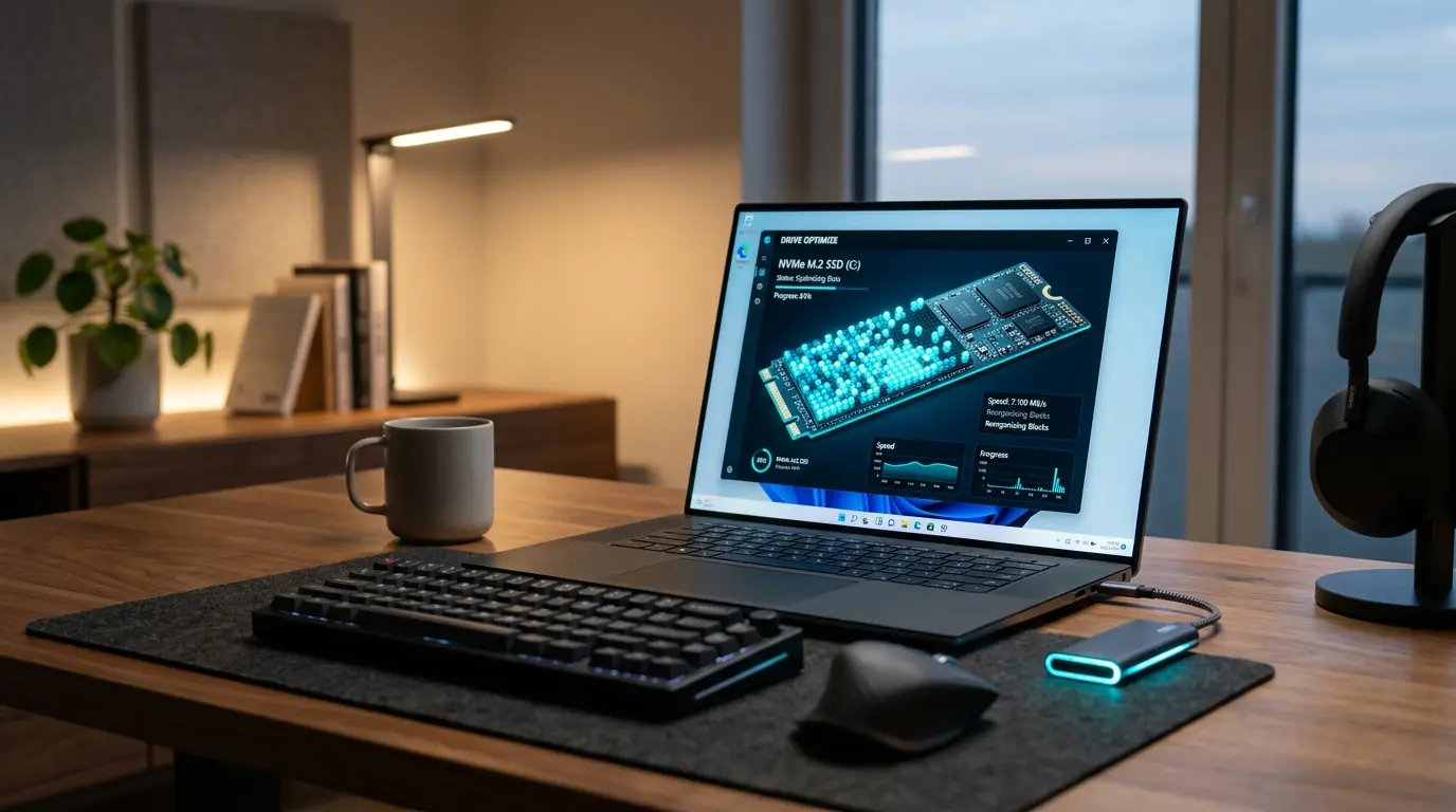 Windows 11のパソコン画面でドライブのデフラグと最適化ツールを実行している様子