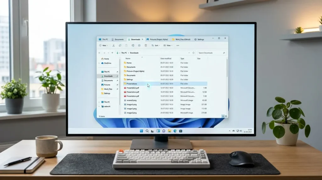 Windows 11のエクスプローラーでタブ機能をショートカット操作している様子
