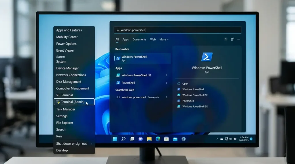 Windows 11のクイックリンクメニューおよび検索からPowerShellを開いている画面