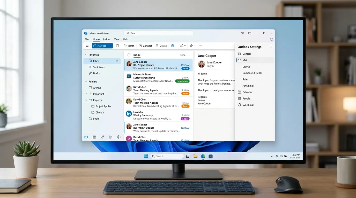 Windows 11の画面に新しいOutlookの受信トレイと設定画面が表示されている様子