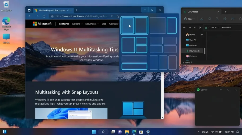 Windows 11のスナップレイアウトをショートカットで呼び出している画面