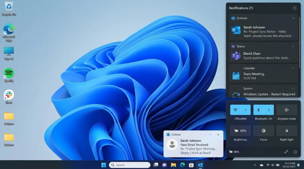 Windows 11の画面右下に表示される通知バナーと通知センターの画面