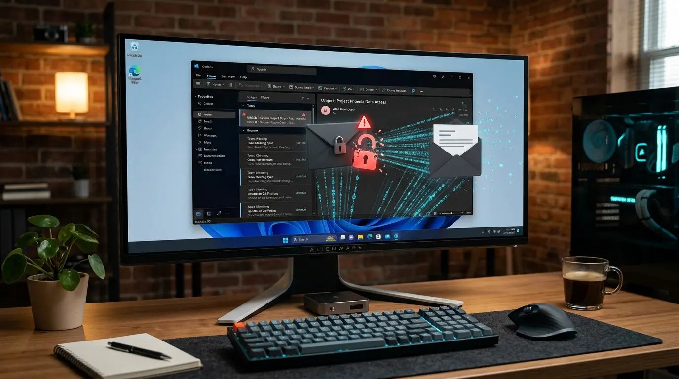 Windows 11の画面でOutlookにメールが届かないエラーを解除して受信している様子