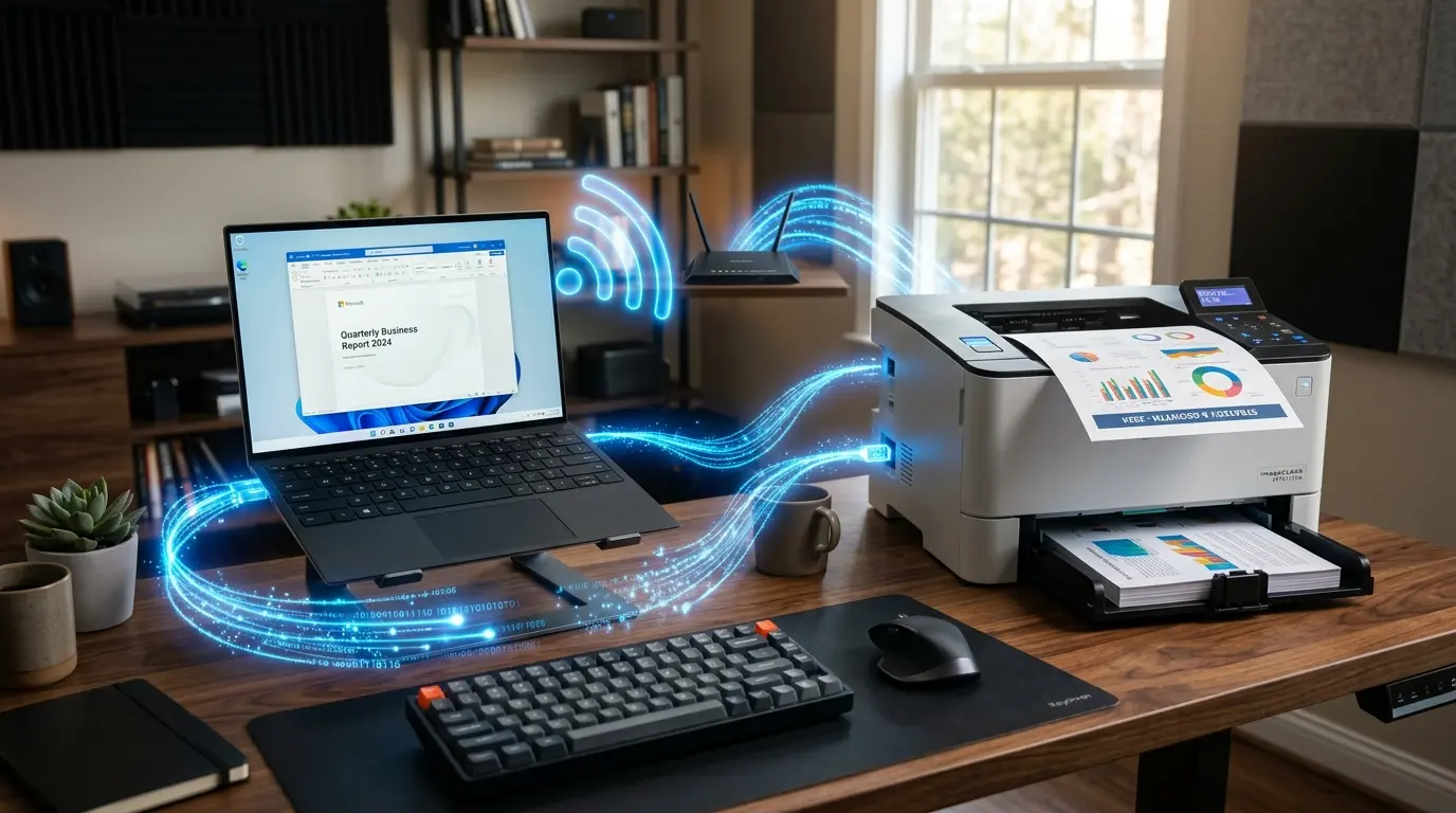 Windows 11のパソコンからプリンターへデータが正常に送信され印刷されている様子
