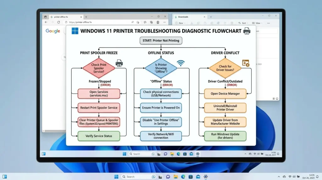 Windows 11で印刷できない主な原因を分類した診断フローチャート