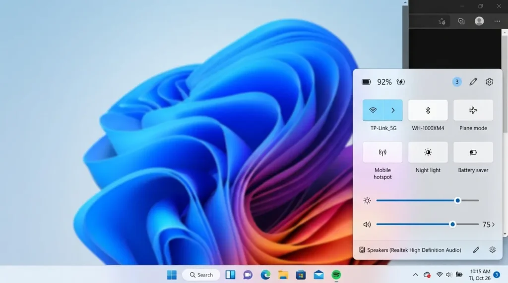 Windows 11のクイック設定パネルでBluetoothイヤホンを選択している様子