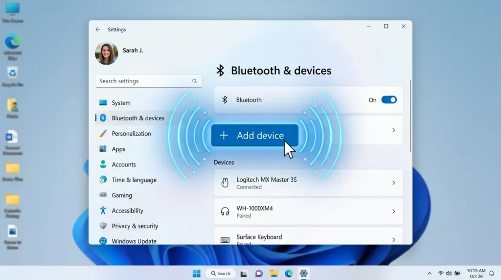 Windows 11の設定でBluetoothとデバイスからデバイスの追加をクリックしている画面