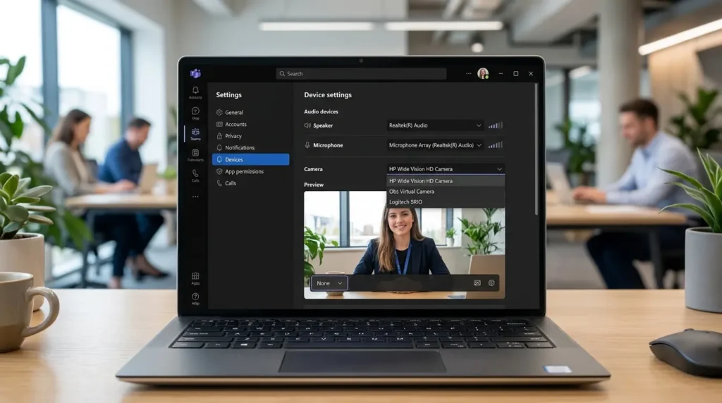 Microsoft Teamsのデバイス設定画面でWebカメラを選択している様子