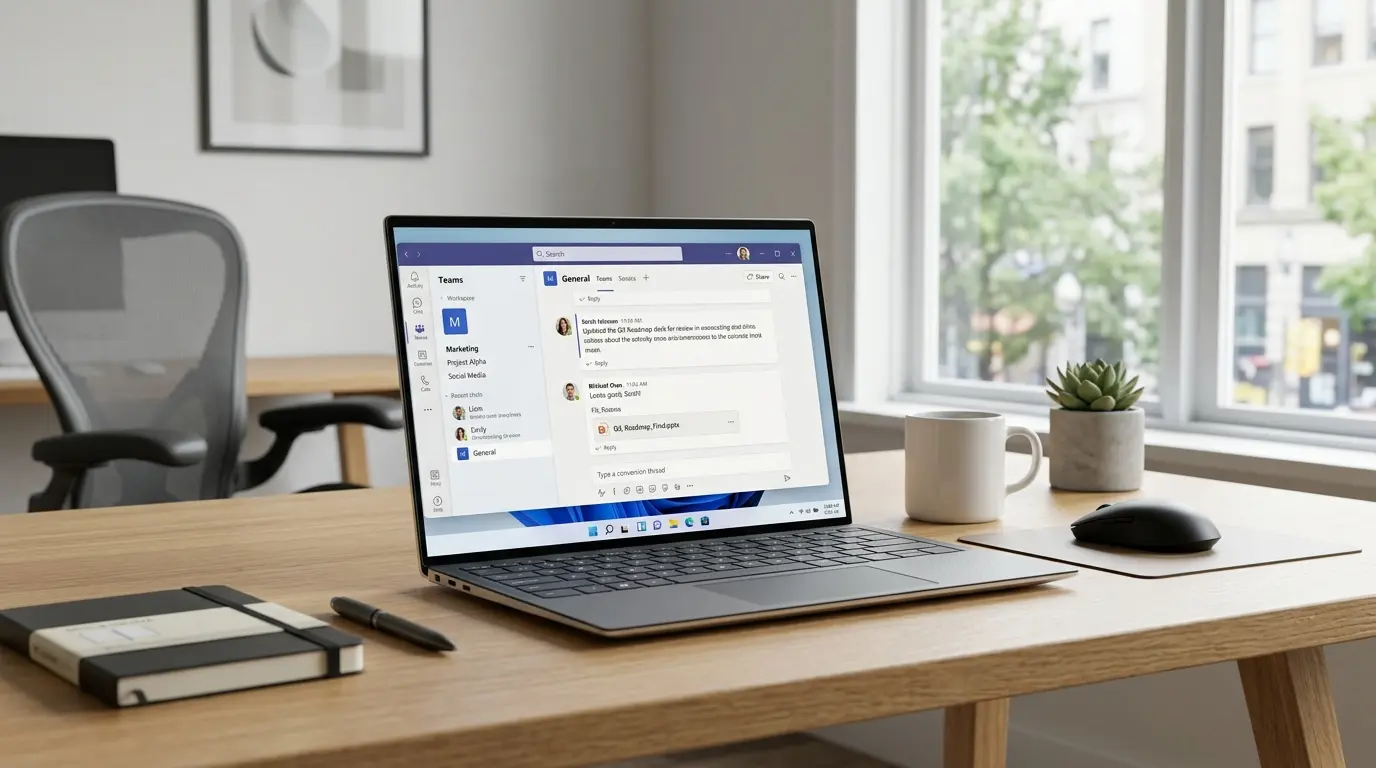 Windows 11の画面に表示されたMicrosoft Teamsの設定と操作画面