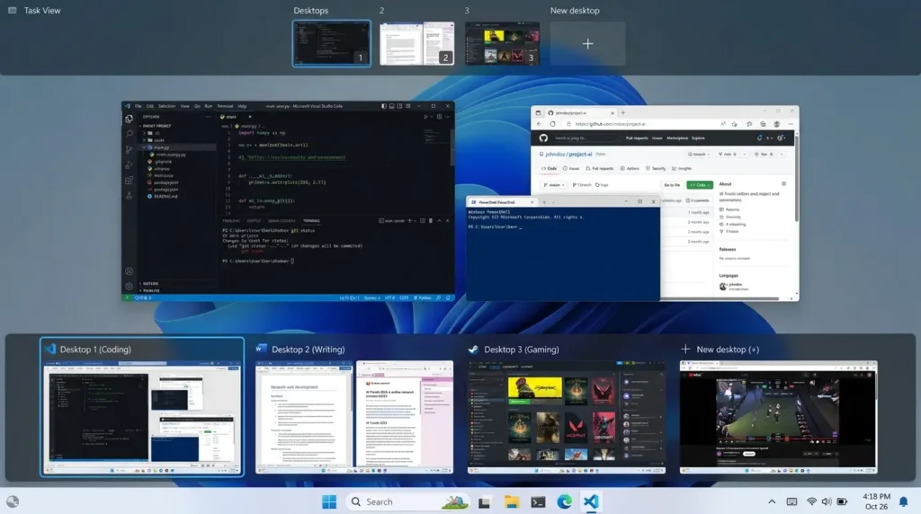 Windows 11の仮想デスクトップ一覧とタスクビュー画面