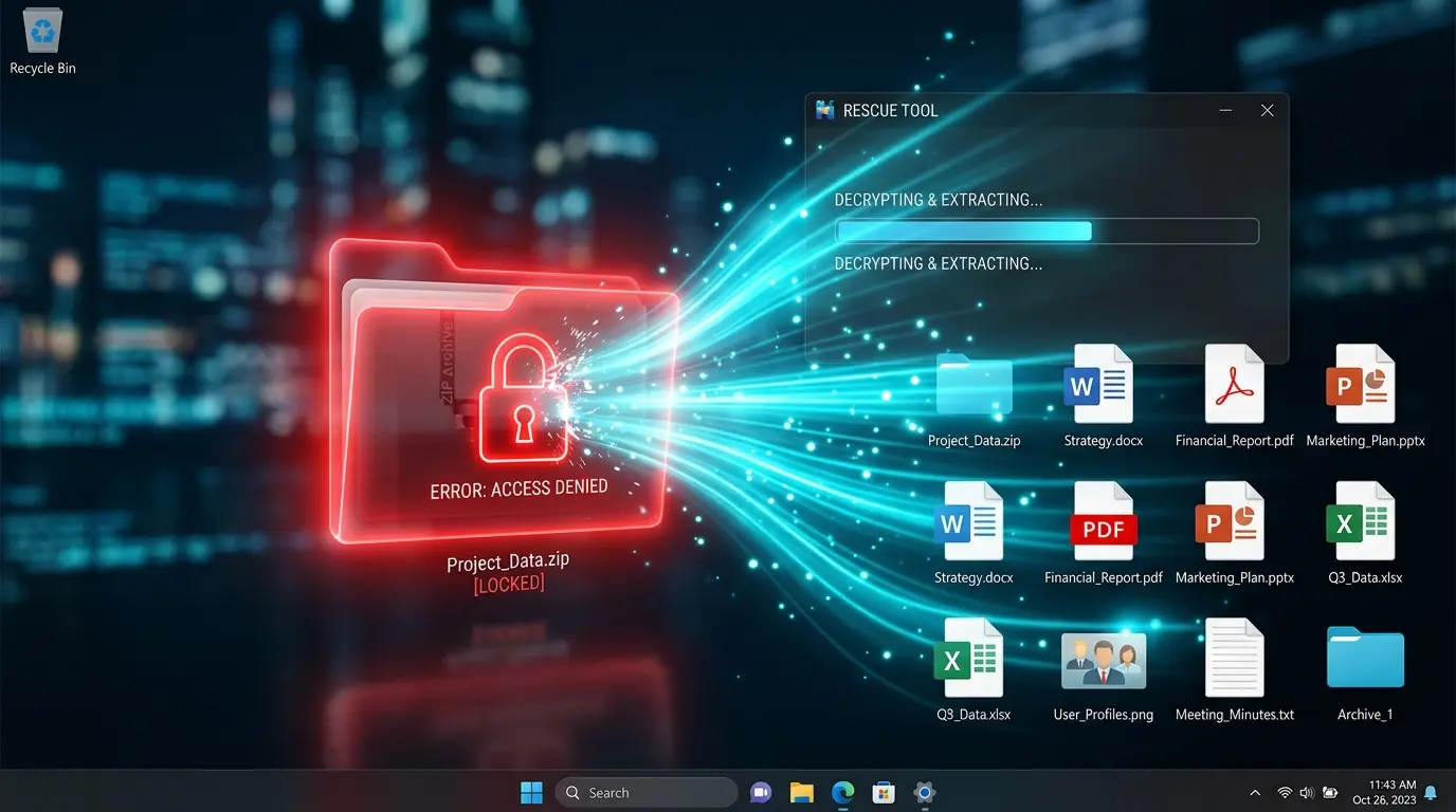 Windows 11で解凍できないZIPファイルのエラーを解除して展開している様子